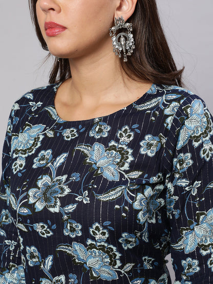 Women's Indigo Blue Floral Printed Flared Kurta With Trouser And Dupatta