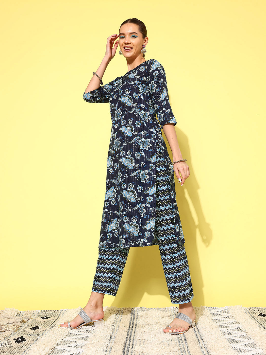 Women's Indigo Blue Floral Printed Flared Kurta With Trouser And Dupatta