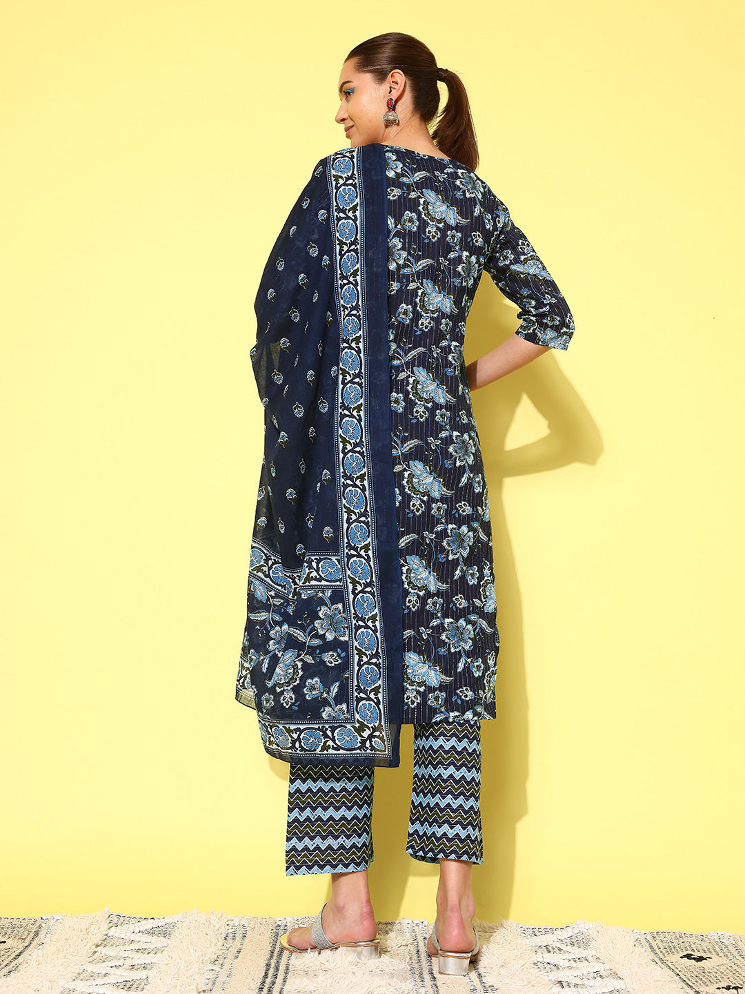 Women's Indigo Blue Floral Printed Flared Kurta With Trouser And Dupatta