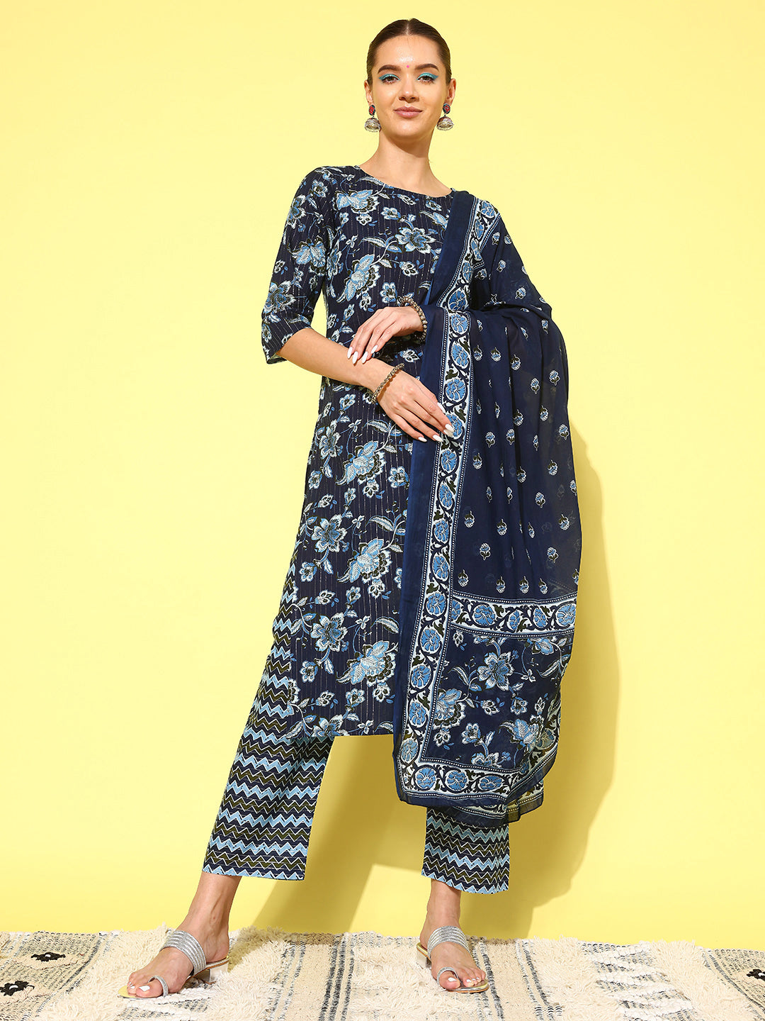 Women's Indigo Blue Floral Printed Flared Kurta With Trouser And Dupatta