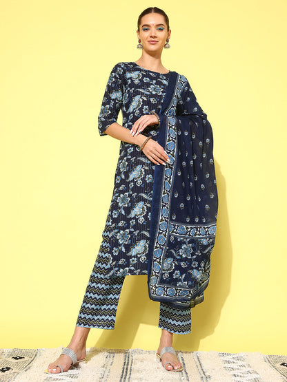 Women's Indigo Blue Floral Printed Flared Kurta With Trouser And Dupatta