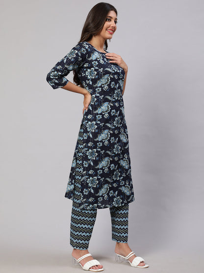 Women's Indigo Blue Floral Printed Flared Kurta With Trouser And Dupatta