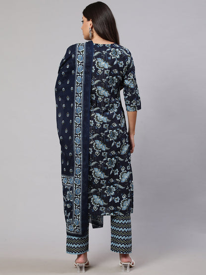 Women's Indigo Blue Floral Printed Flared Kurta With Trouser And Dupatta