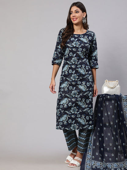 Women's Indigo Blue Floral Printed Flared Kurta With Trouser And Dupatta