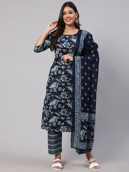 Women's Indigo Blue Floral Printed Flared Kurta With Trouser And Dupatta