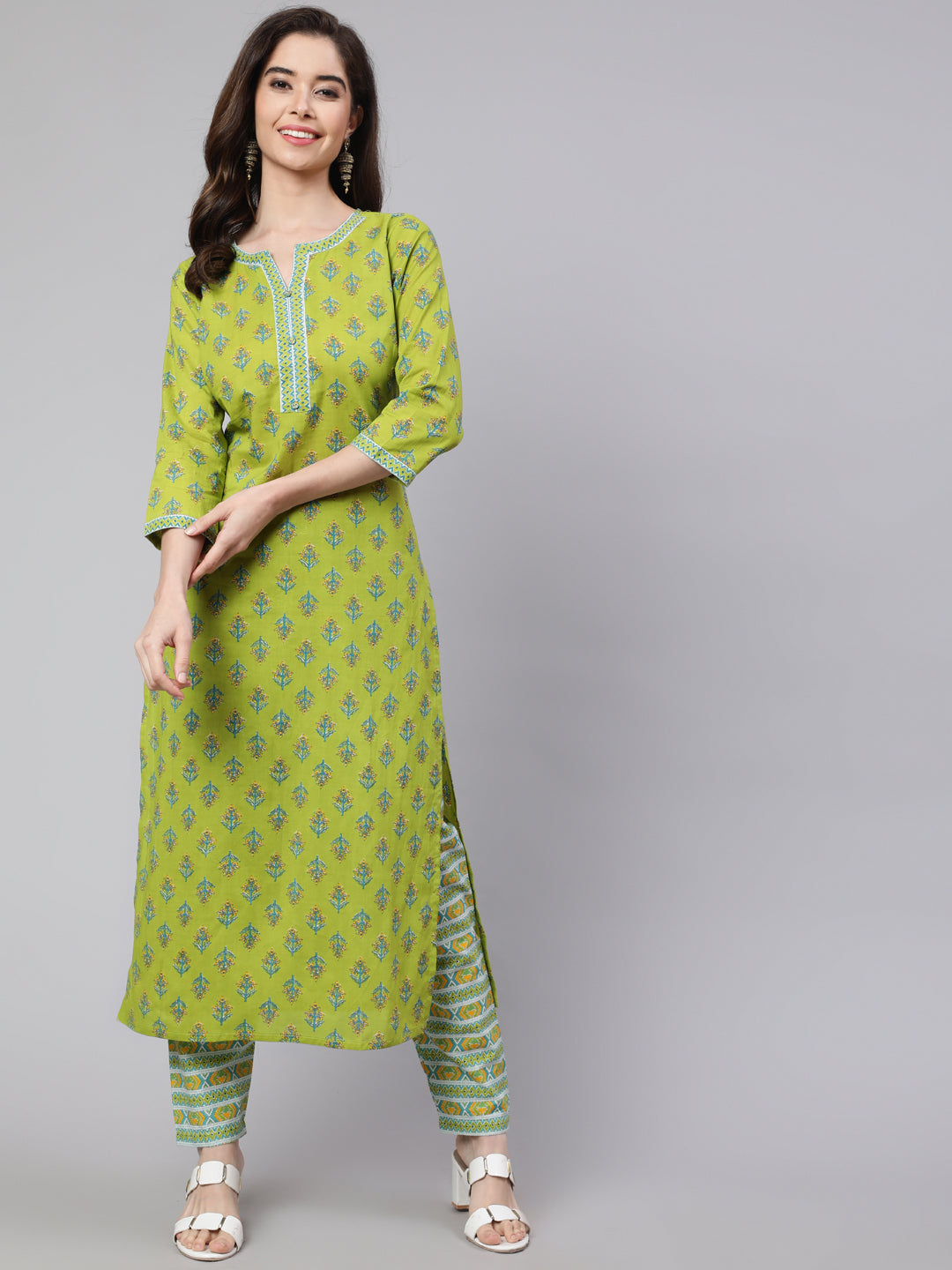 Women's Green Ethnic Printed Straight Kurta With Trouser