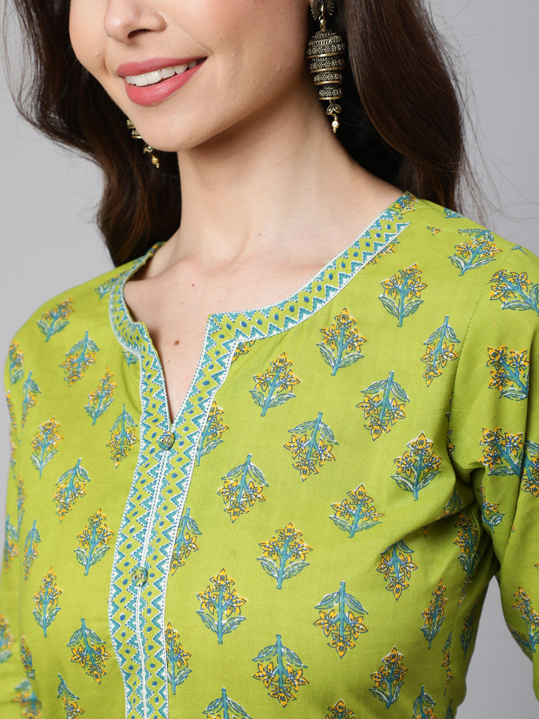 Women's Green Ethnic Printed Straight Kurta With Trouser