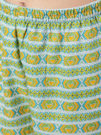 Women's Green Ethnic Printed Straight Kurta With Trouser