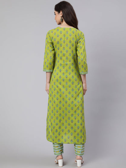 Women's Green Ethnic Printed Straight Kurta With Trouser
