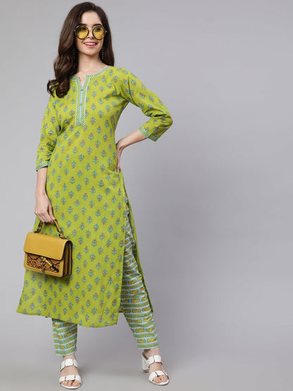 Women's Green Ethnic Printed Straight Kurta With Trouser