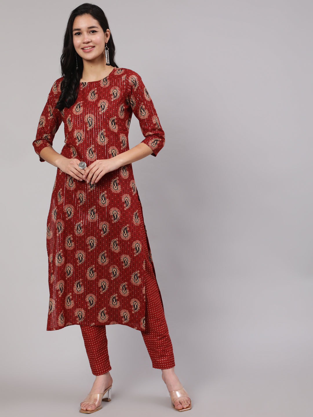 Women's Maroon Ethnic Printed Straight Kurta And Palazzo