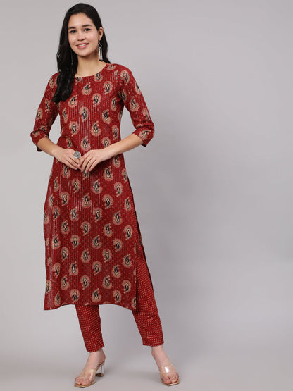 Women's Maroon Ethnic Printed Straight Kurta And Palazzo