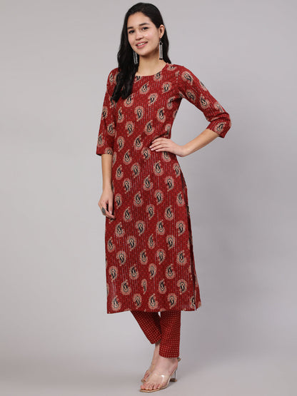 Women's Maroon Ethnic Printed Straight Kurta And Palazzo