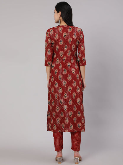 Women's Maroon Ethnic Printed Straight Kurta And Palazzo