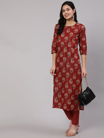 Women's Maroon Ethnic Printed Straight Kurta And Palazzo