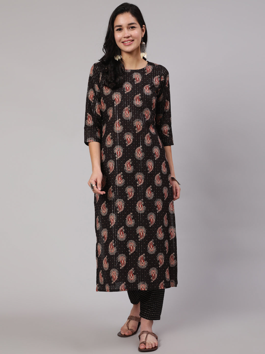 Women's Black Ethnic Printed Straight Kurta With Trouser