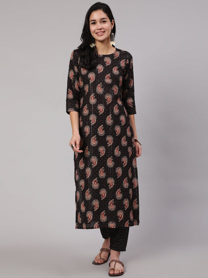Women's Black Ethnic Printed Straight Kurta With Trouser