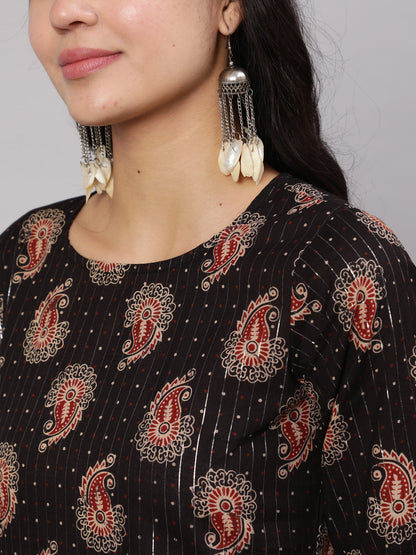 Women's Black Ethnic Printed Straight Kurta With Trouser