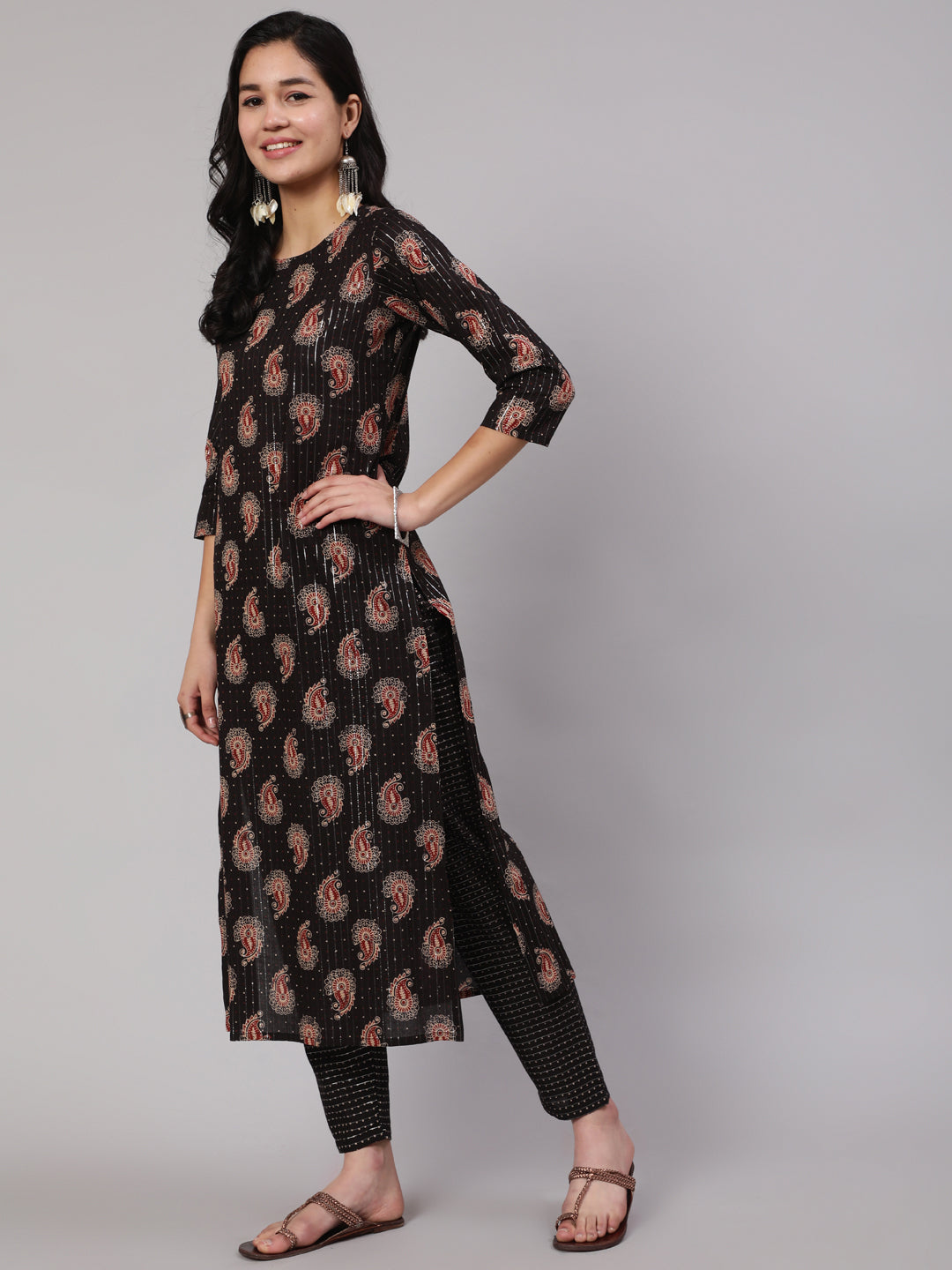 Women's Black Ethnic Printed Straight Kurta With Trouser