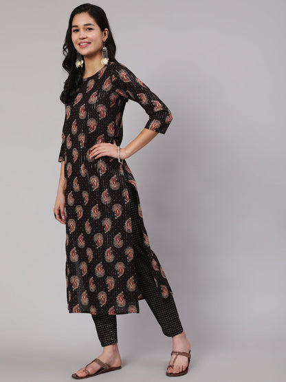 Women's Black Ethnic Printed Straight Kurta With Trouser