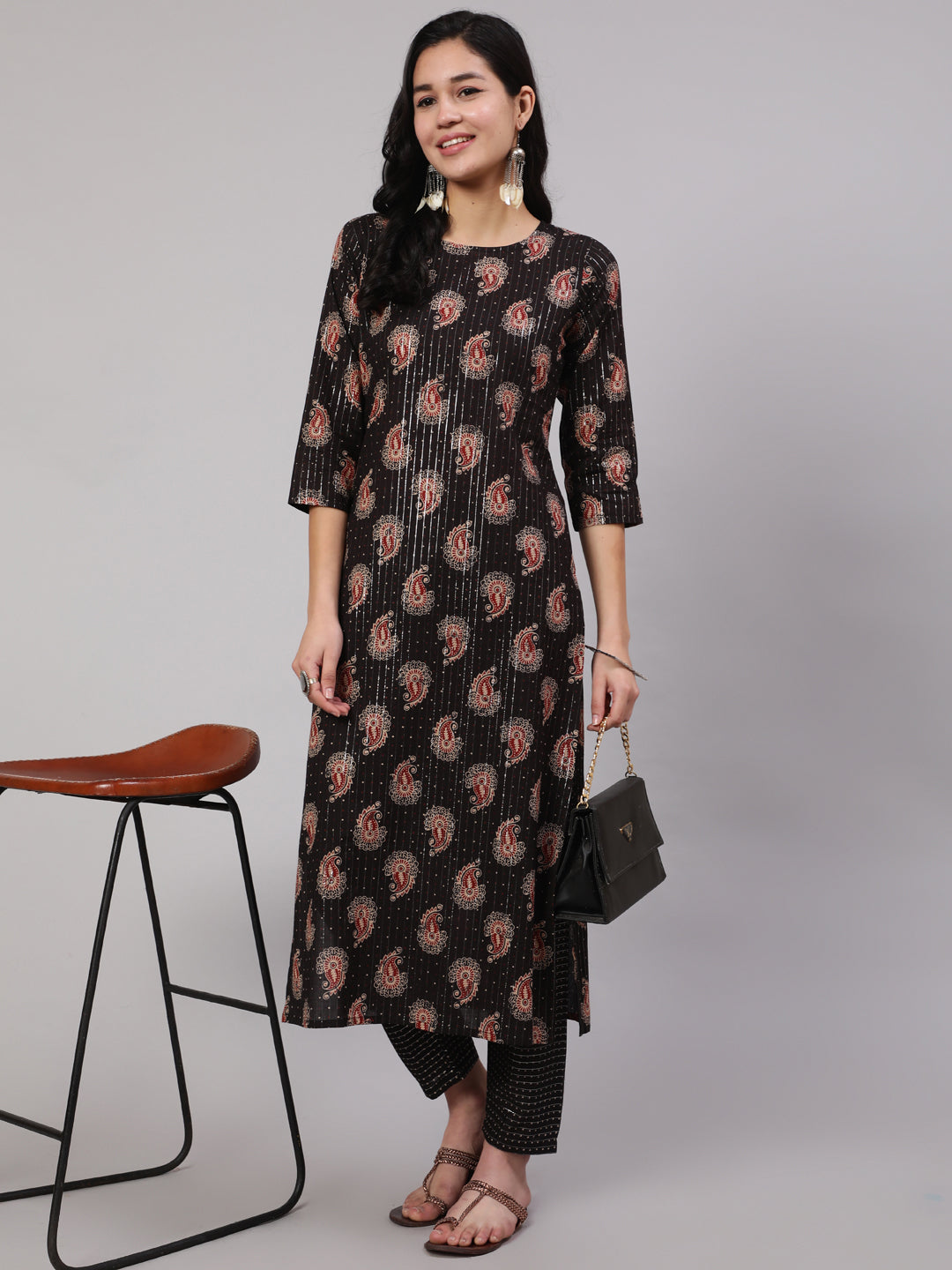 Women's Black Ethnic Printed Straight Kurta With Trouser