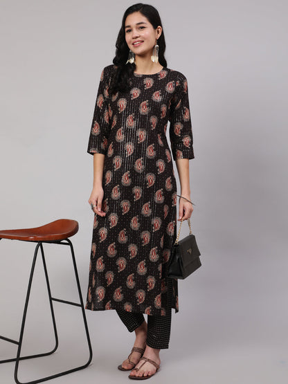 Women's Black Ethnic Printed Straight Kurta With Trouser