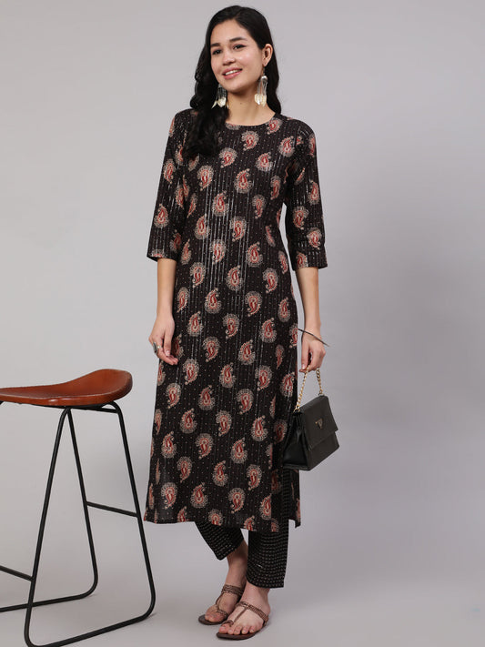 Women's Black Ethnic Printed Straight Kurta With Trouser