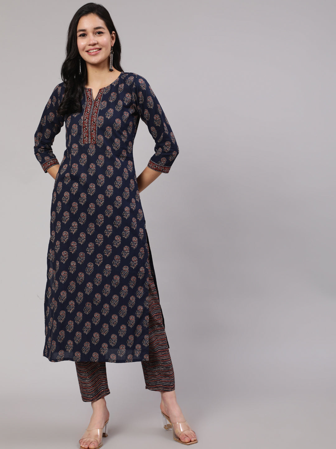Women's Navy Blue Ethnic Printed Straight Kurta With Trouser