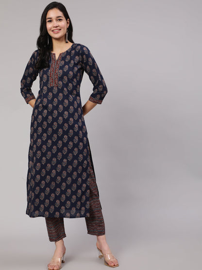 Women's Navy Blue Ethnic Printed Straight Kurta With Trouser