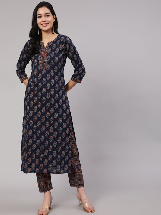 Women's Navy Blue Ethnic Printed Straight Kurta With Trouser