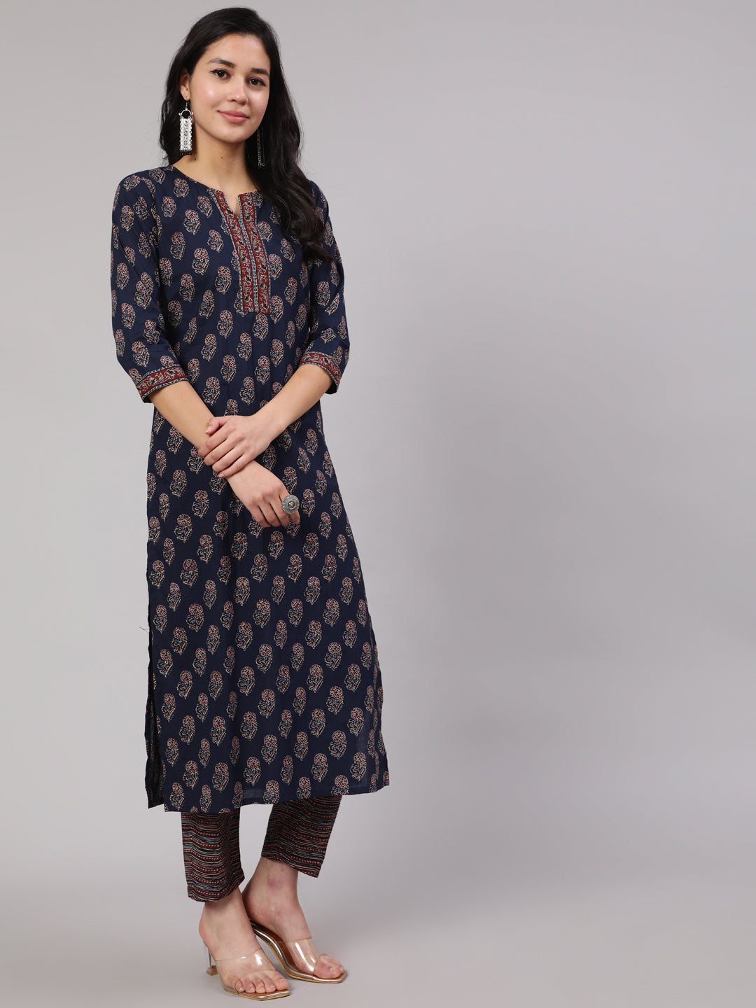 Women's Navy Blue Ethnic Printed Straight Kurta With Trouser