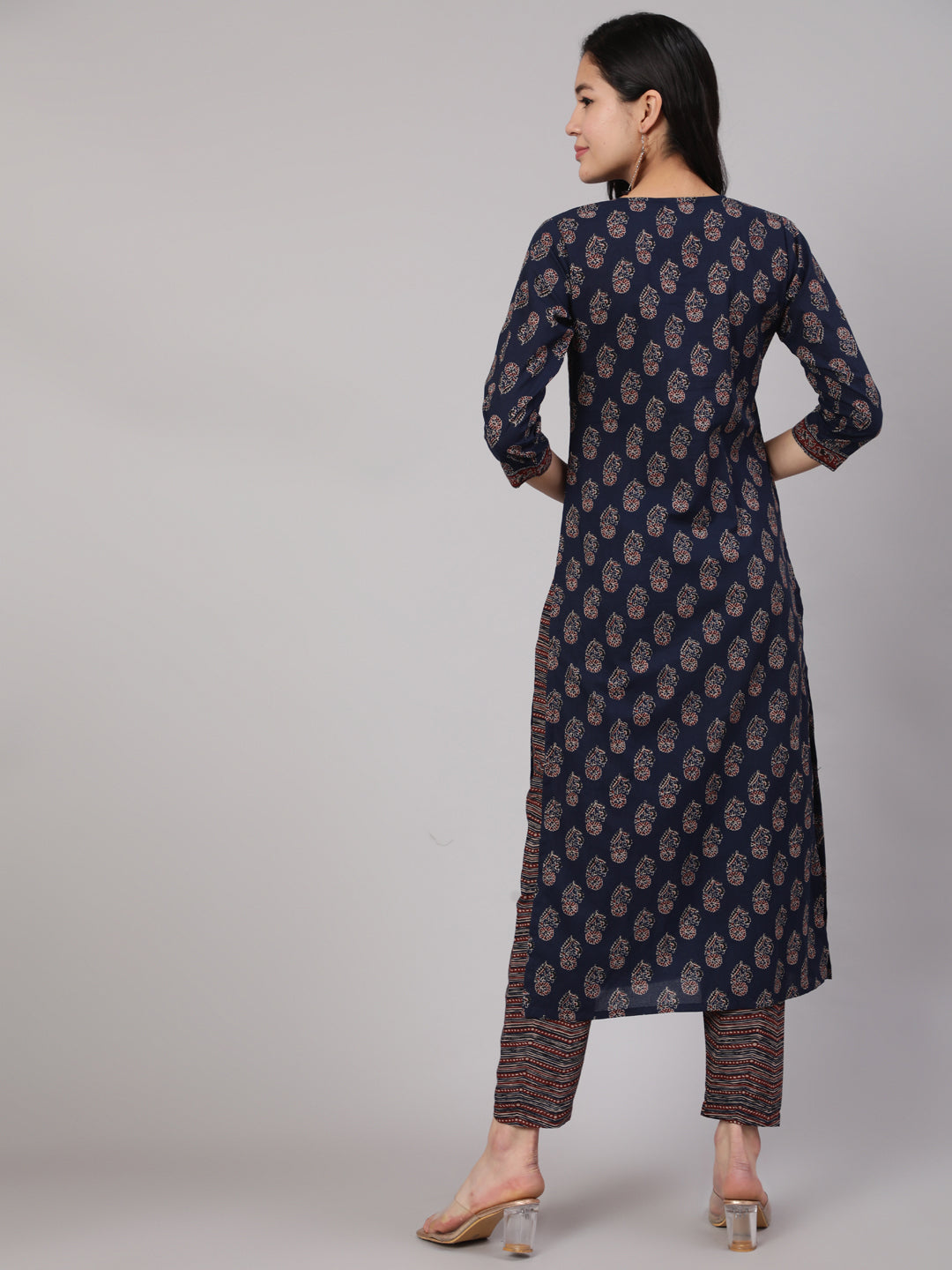 Women's Navy Blue Ethnic Printed Straight Kurta With Trouser