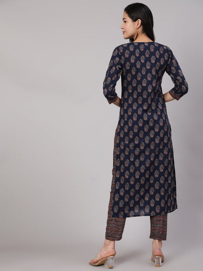 Women's Navy Blue Ethnic Printed Straight Kurta With Trouser