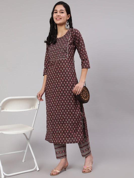 Women's Purple Printed Straight Kurta With Trouser