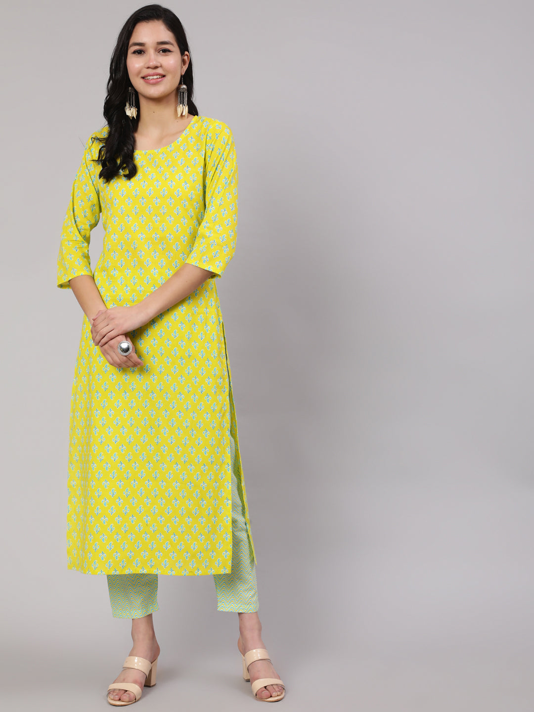 Women's Lime Green Ethnic Printed Kurta With Trouser