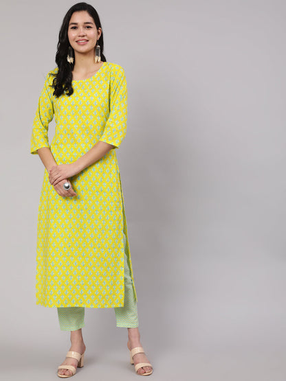Women's Lime Green Ethnic Printed Kurta With Trouser