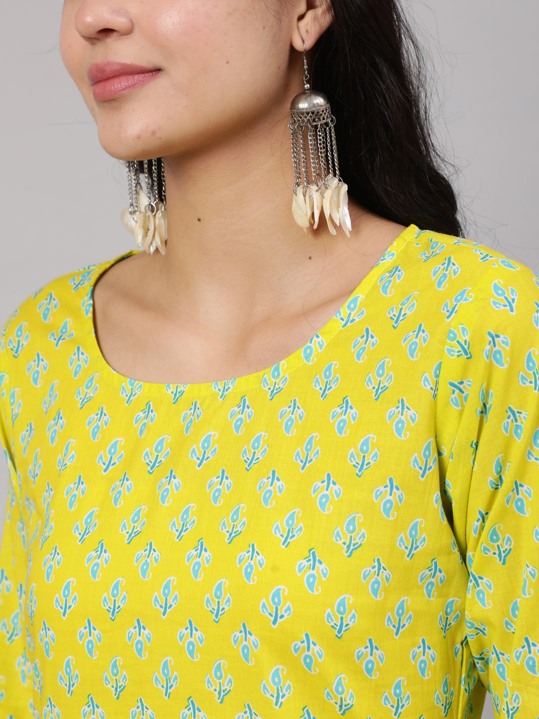 Women's Lime Green Ethnic Printed Kurta With Trouser
