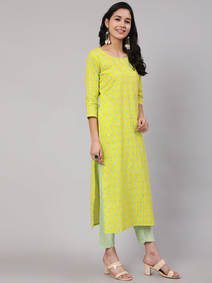 Women's Lime Green Ethnic Printed Kurta With Trouser