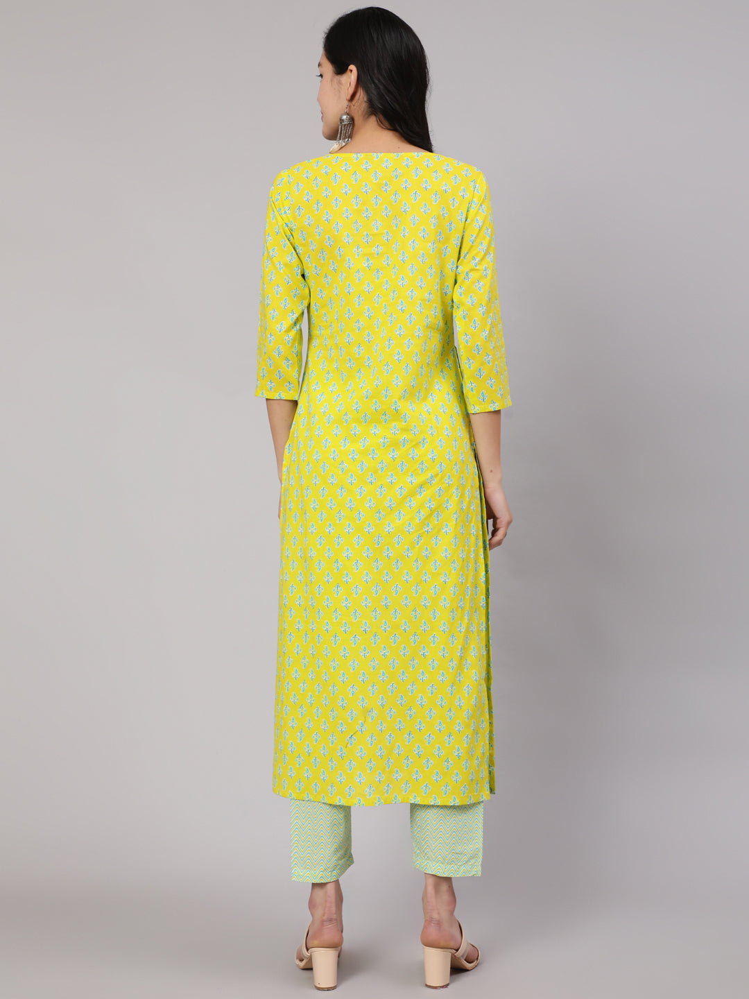 Women's Lime Green Ethnic Printed Kurta With Trouser