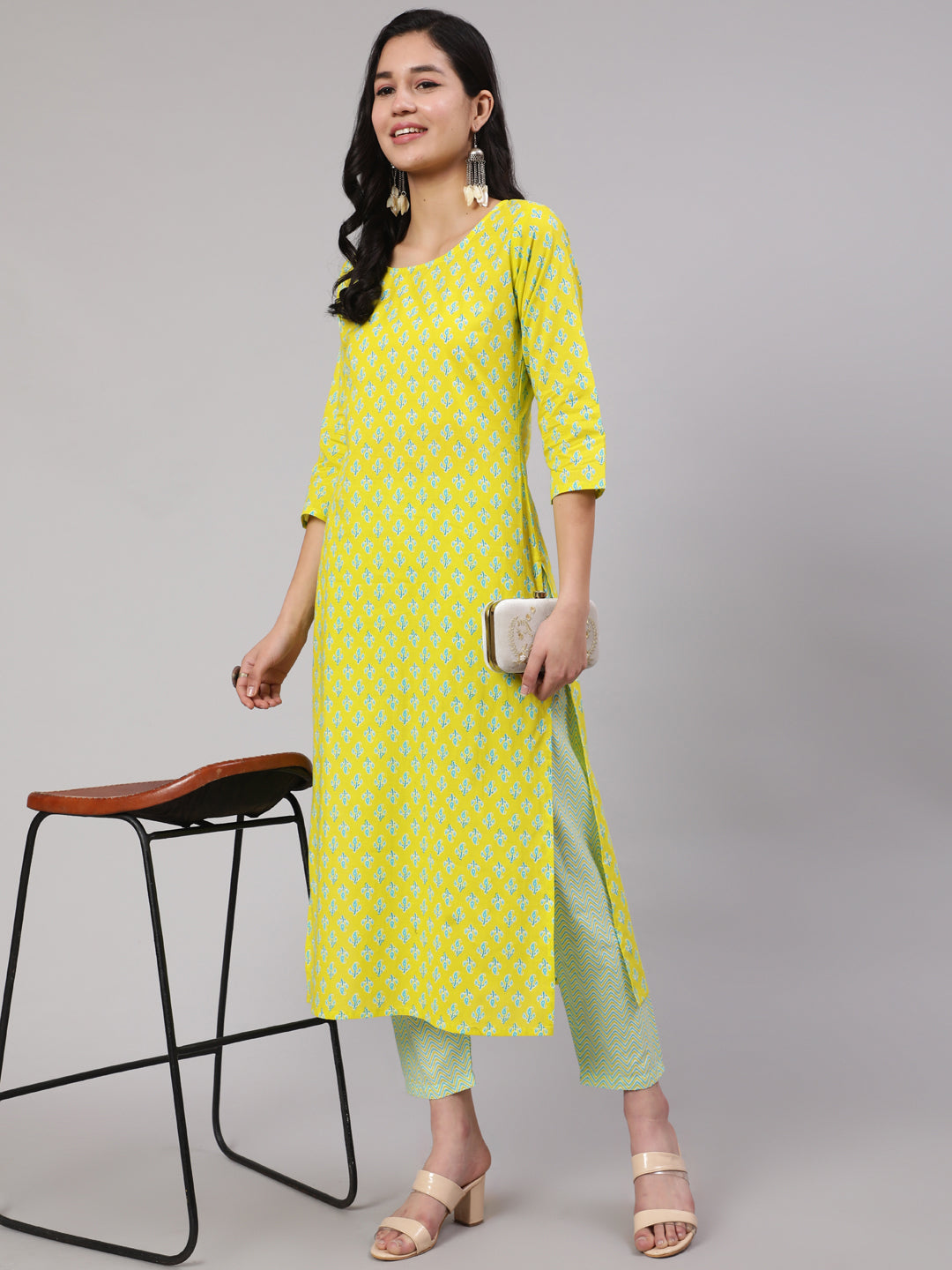 Women's Lime Green Ethnic Printed Kurta With Trouser