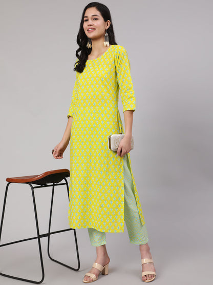 Women's Lime Green Ethnic Printed Kurta With Trouser