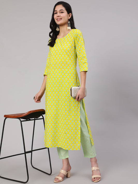 Women's Lime Green Ethnic Printed Kurta With Trouser