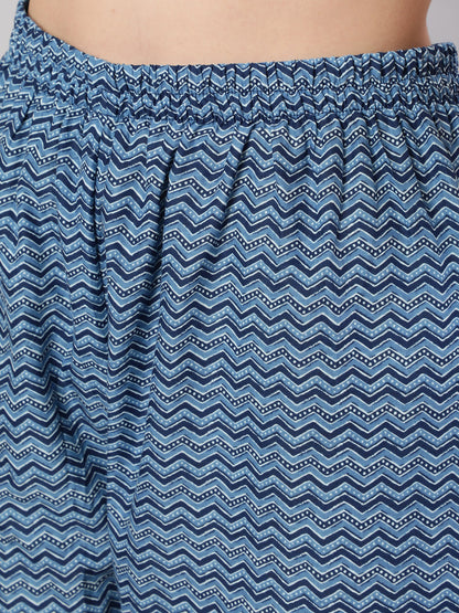 Women's Blue Printed Straight Kurta With Trouser