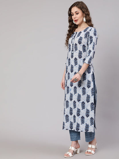 Women's Blue Printed Straight Kurta With Trouser