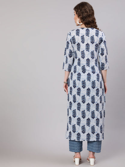 Women's Blue Printed Straight Kurta With Trouser