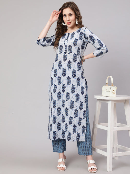 Women's Blue Printed Straight Kurta With Trouser