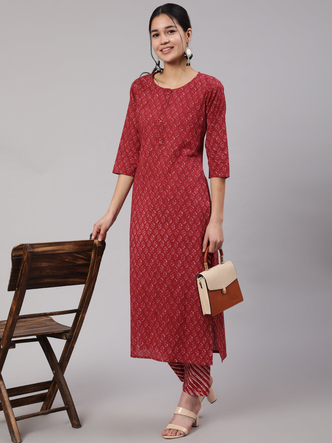 Women's Burgundy Ethnic Printed Straight Kurta With Trouser