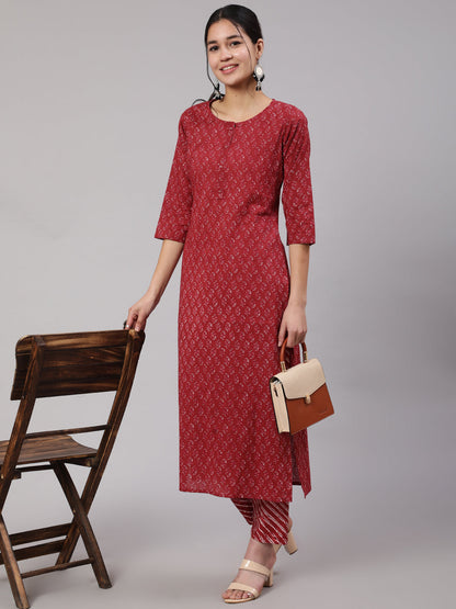 Women's Burgundy Ethnic Printed Straight Kurta With Trouser