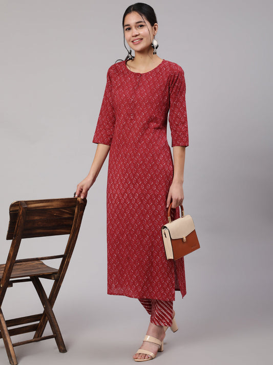Women's Burgundy Ethnic Printed Straight Kurta With Trouser
