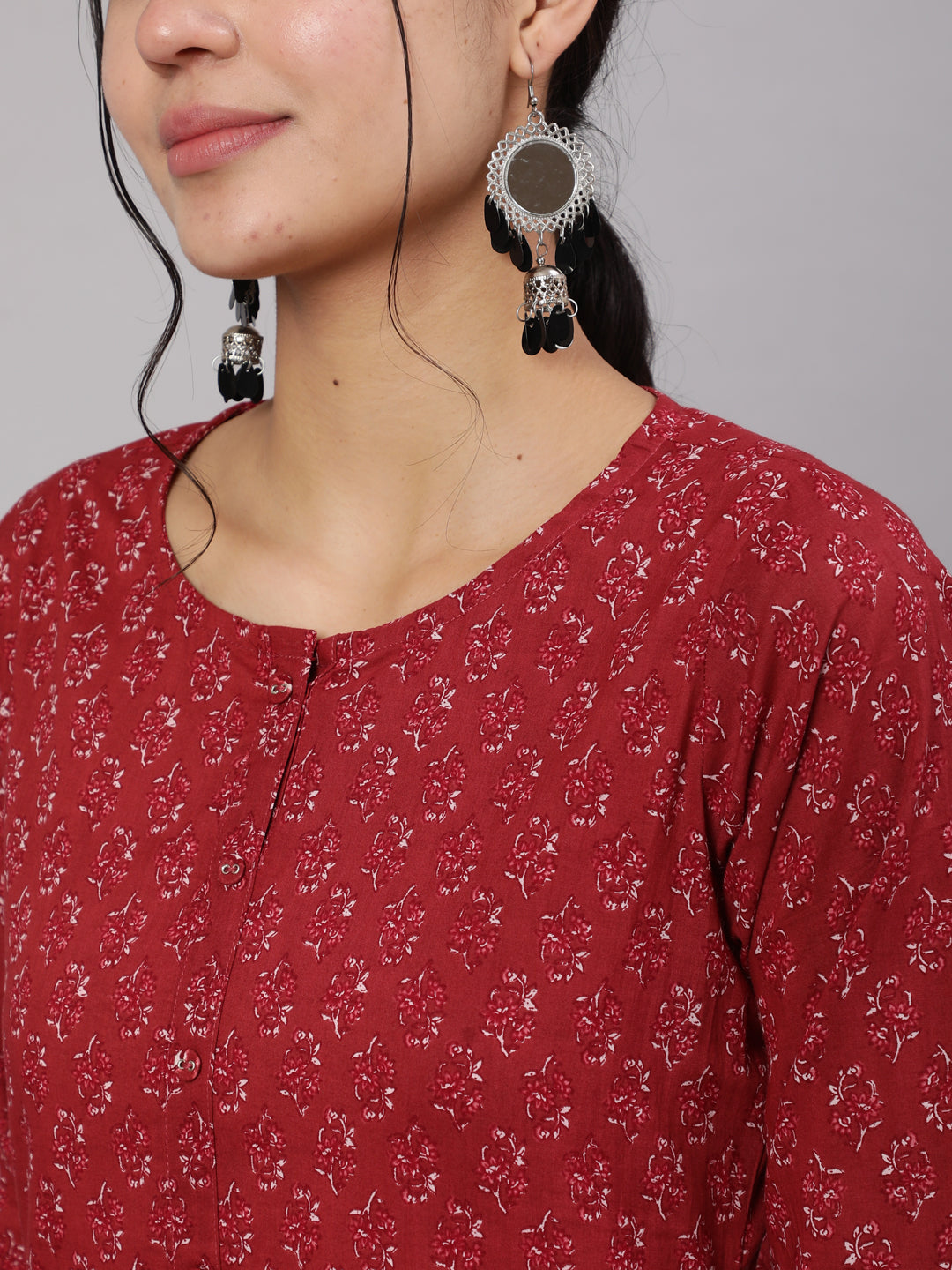 Women's Burgundy Ethnic Printed Straight Kurta With Trouser